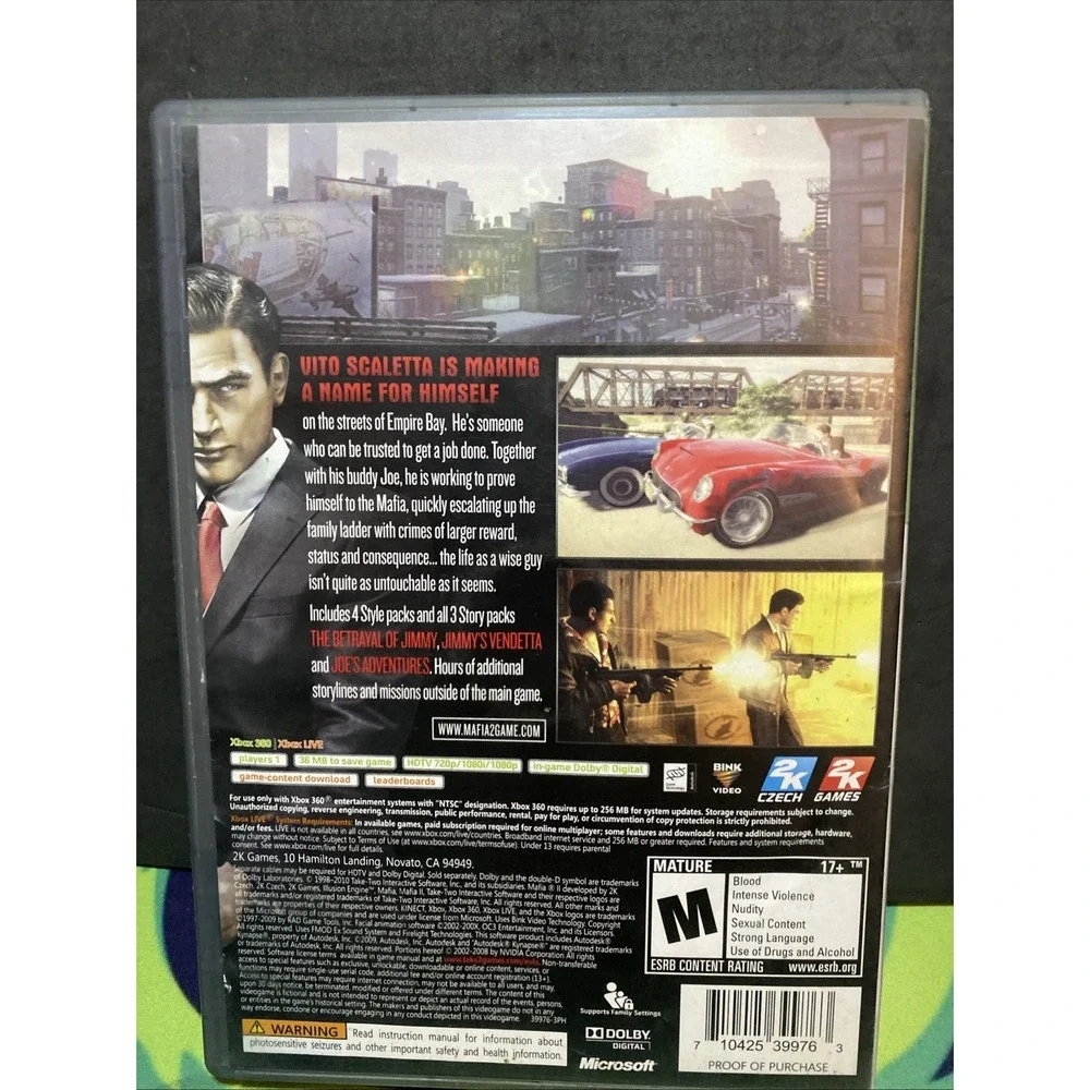 Mafia II (Xbox 360, 2011) Platinum Hits Complete w/ 2-Discs Game Manual